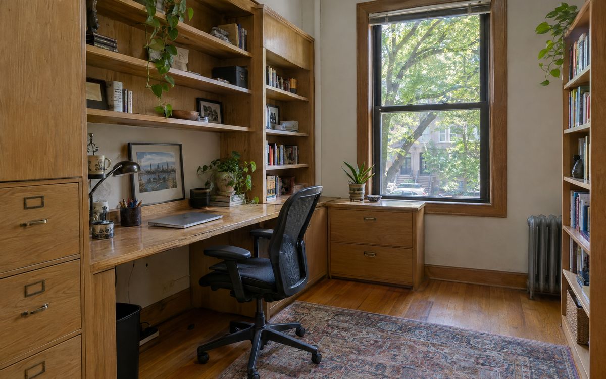 A built-in oak desk with file drawers and shelves in a Bronx house home office, design concept