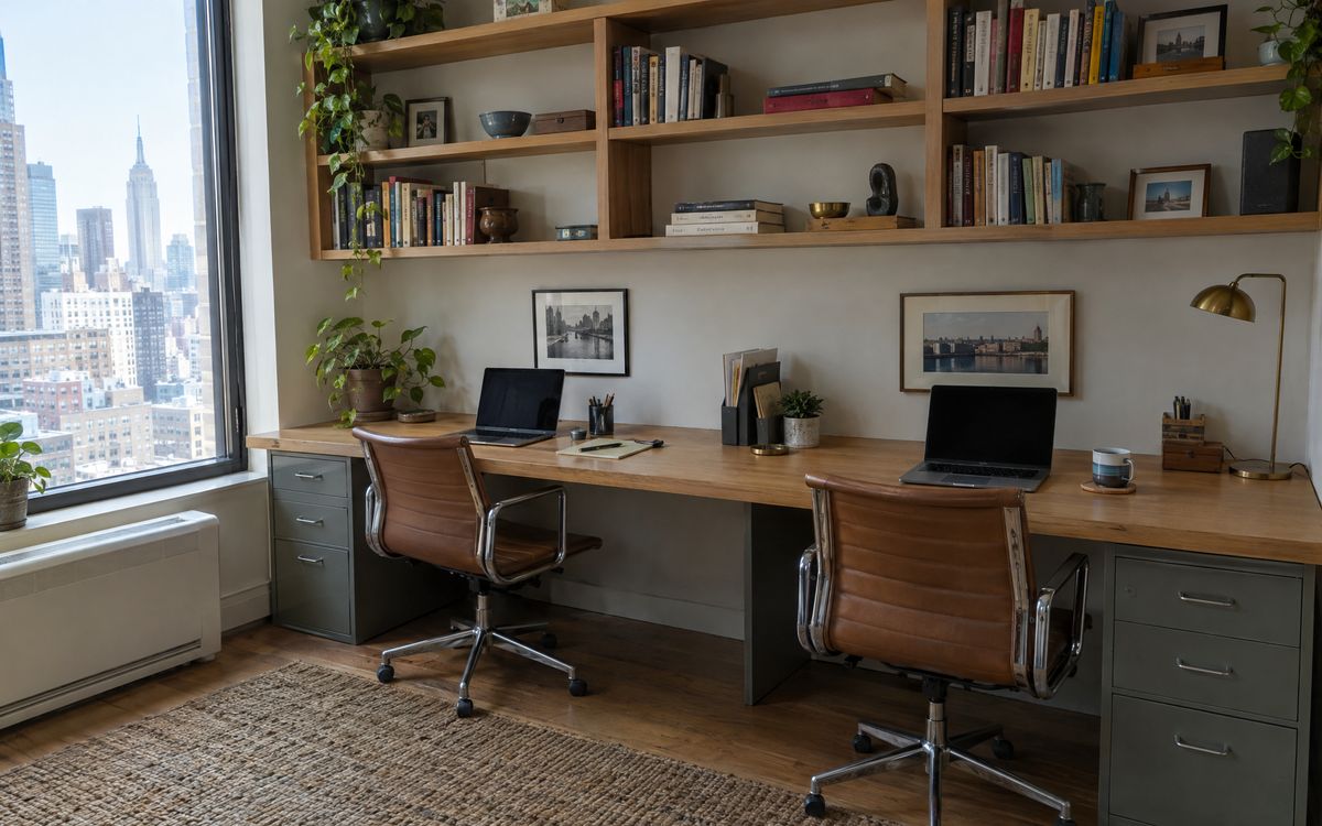 A long built-in desk for two with shelves above and file drawers below in a Manhattan study, design concept
