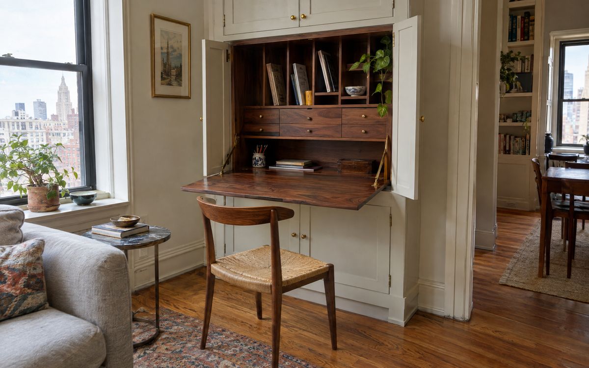 A built-in secretary cabinet with a fold-down walnut writing desk and cubbies inside, design concept