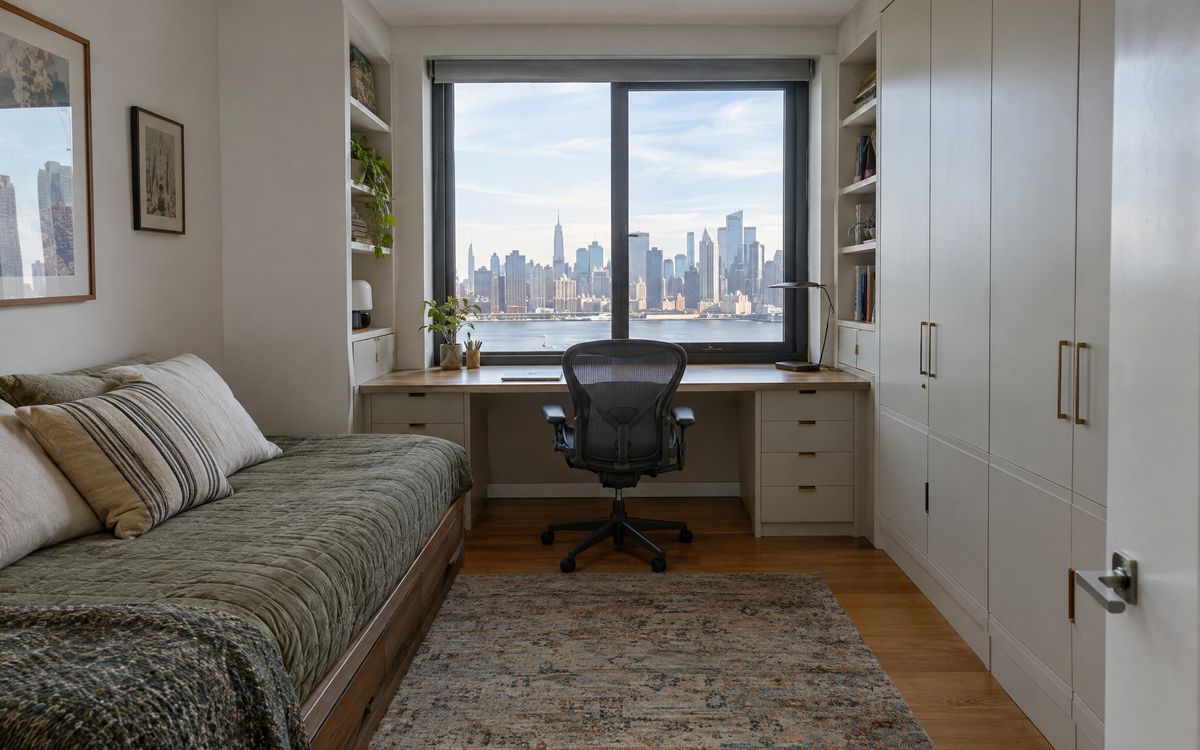 A built-in desk under a skyline window in a Long Island City second bedroom, design concept