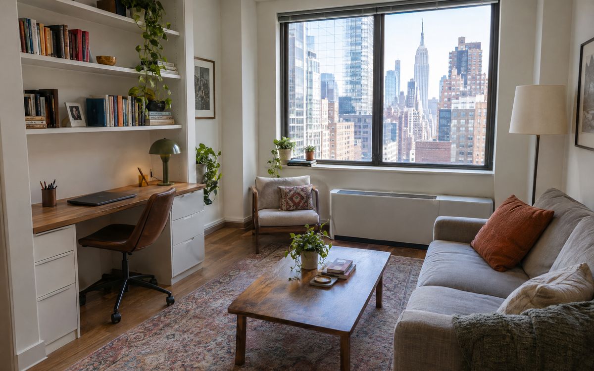 A built-in desk with shelves in the corner of a Manhattan one-bedroom living room, design concept