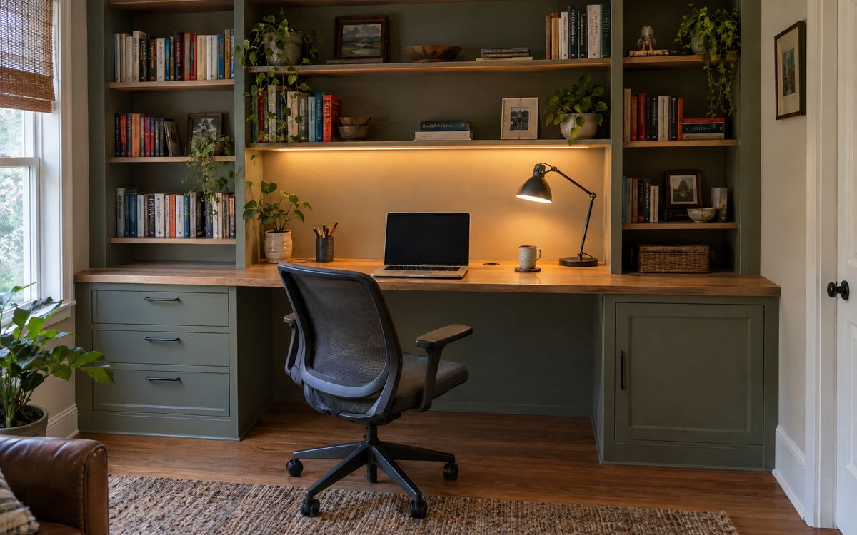 A home office desk wall with a lit shelf, desk lamp and tidy cables behind a laptop, design concept