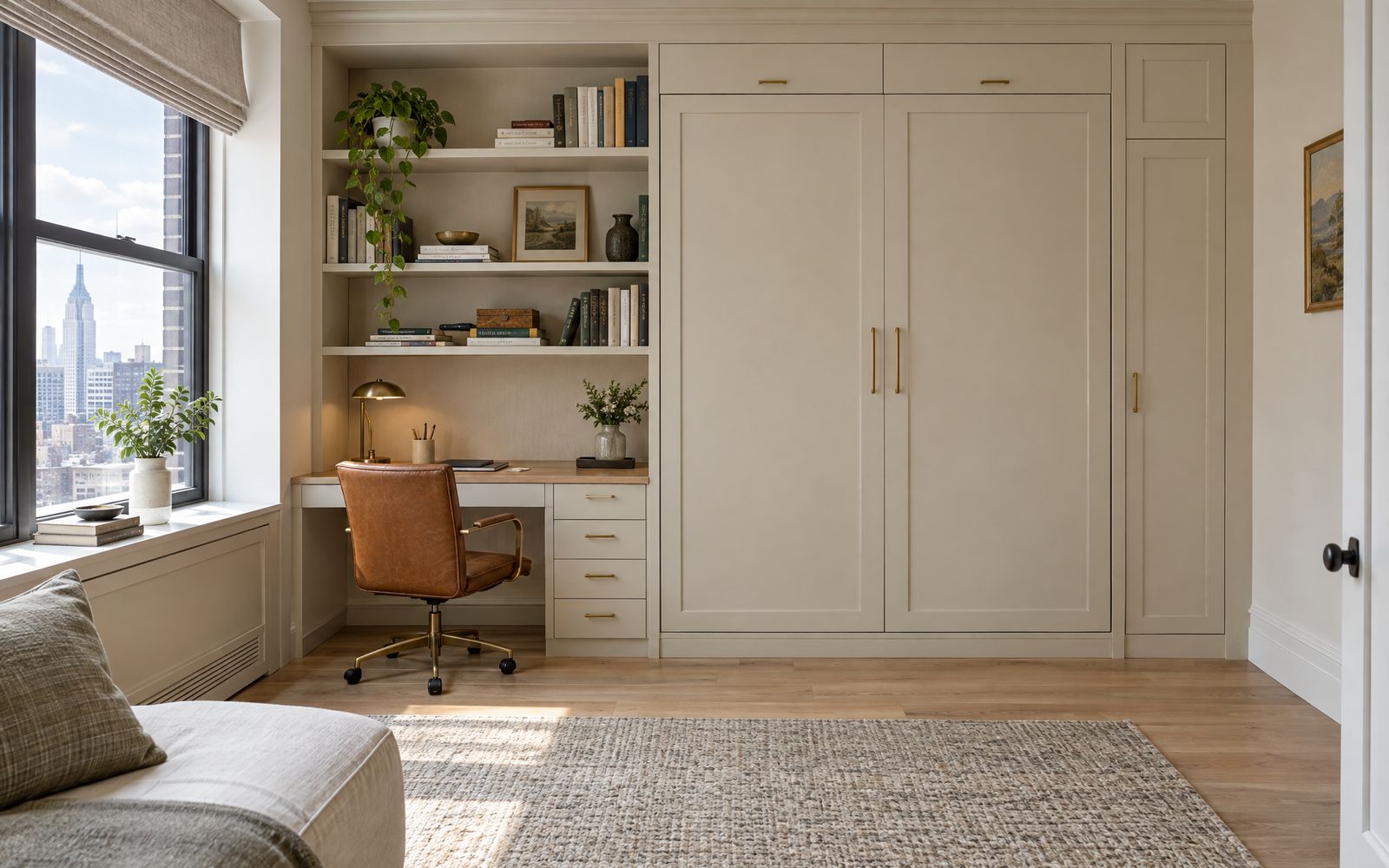 Cream built-in office wall with a concealed wall bed