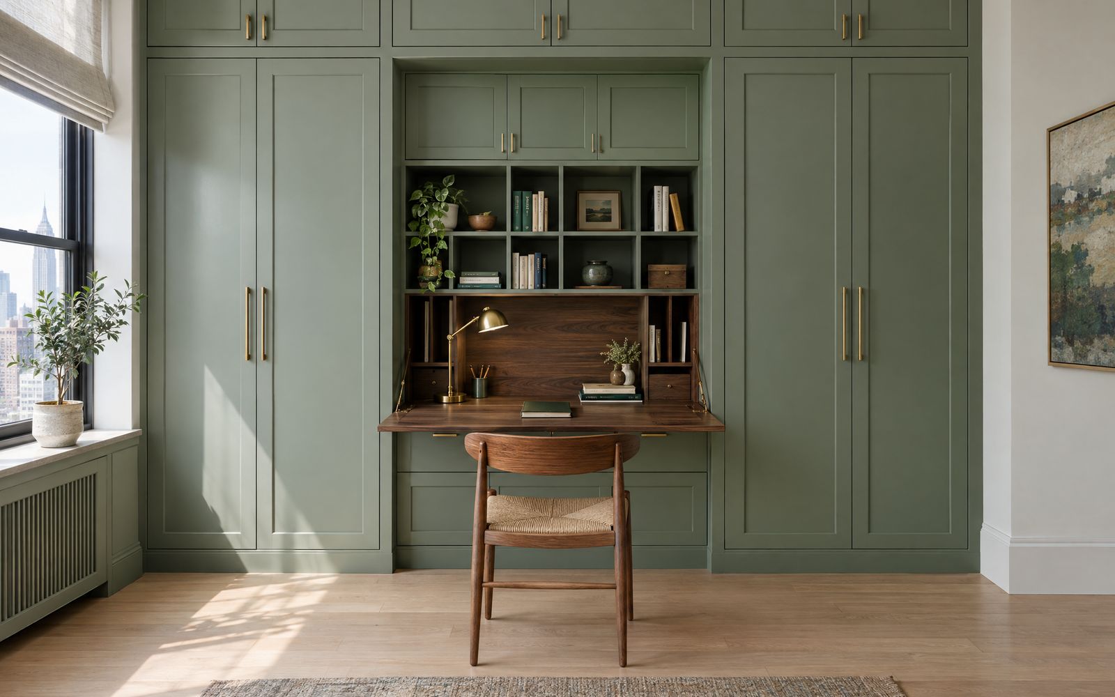Sage green cabinet wall with a built-in secretary desk