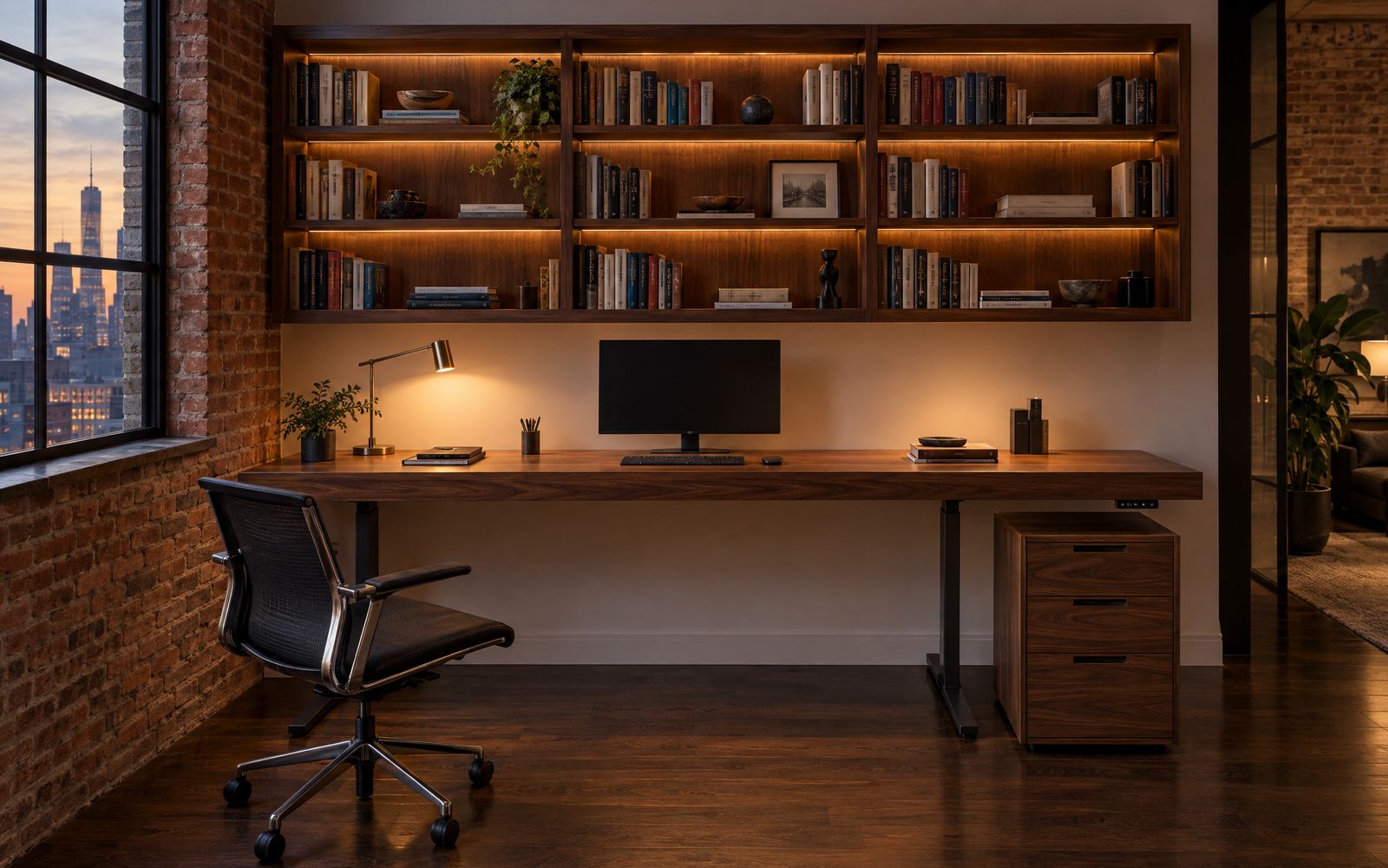 A built-in home office with a sit-stand desk, design concept