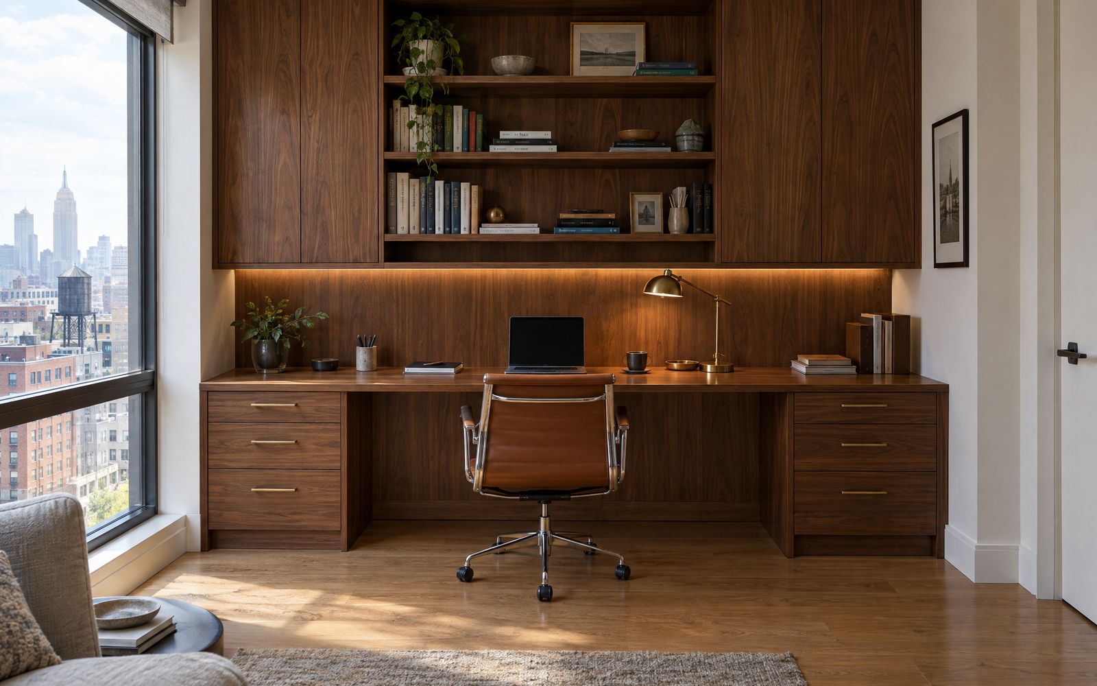 A walnut desk wall with open shelving above, design concept