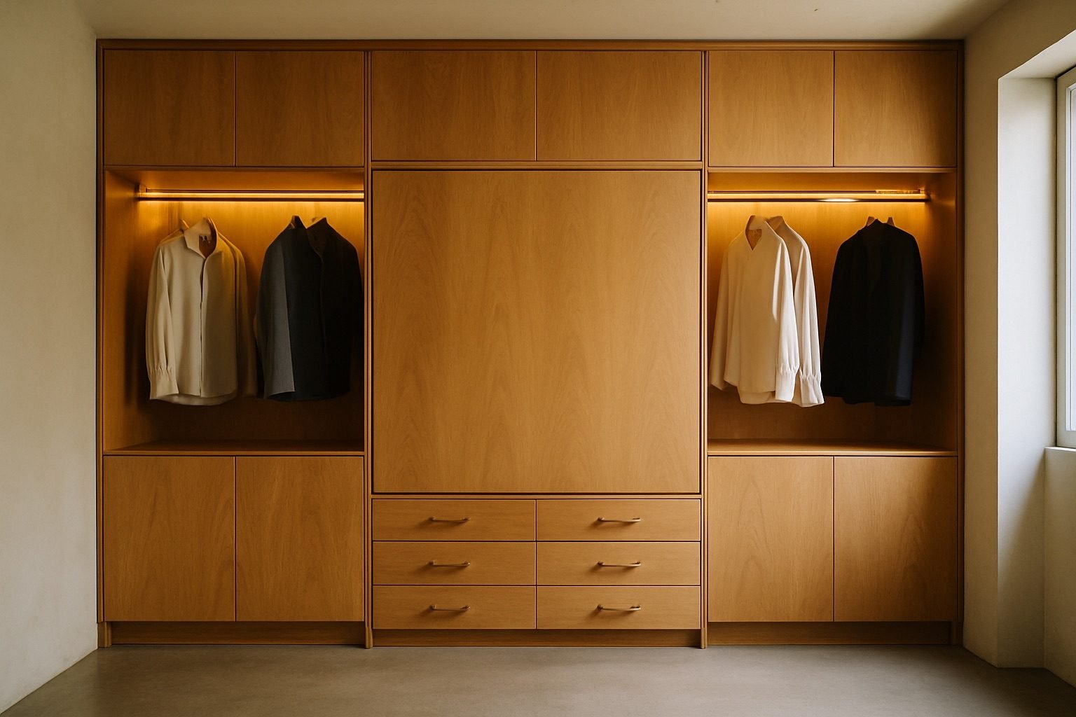 A wall of wood cabinetry with a fold-away bed panel at its center