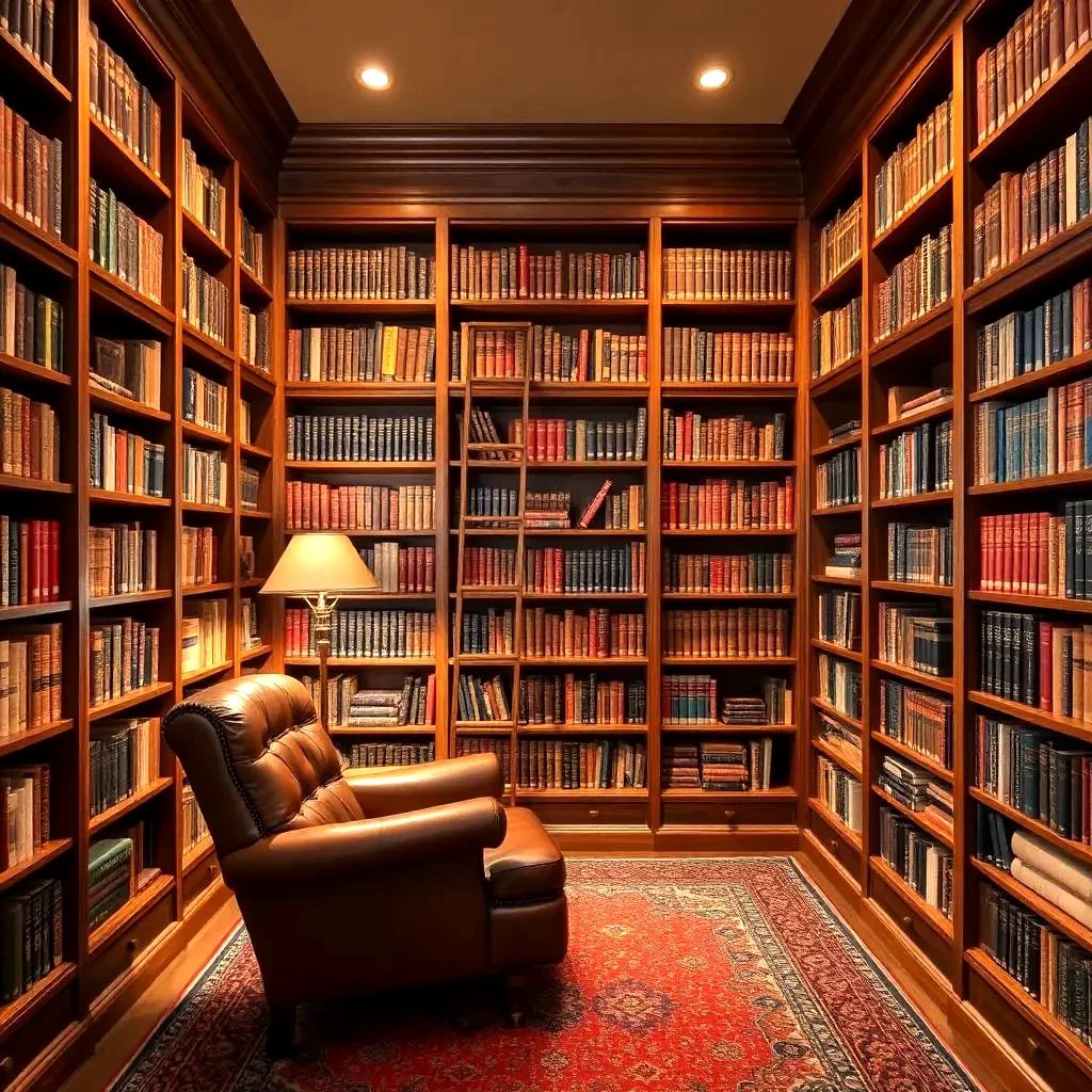 A paneled study lined with books
